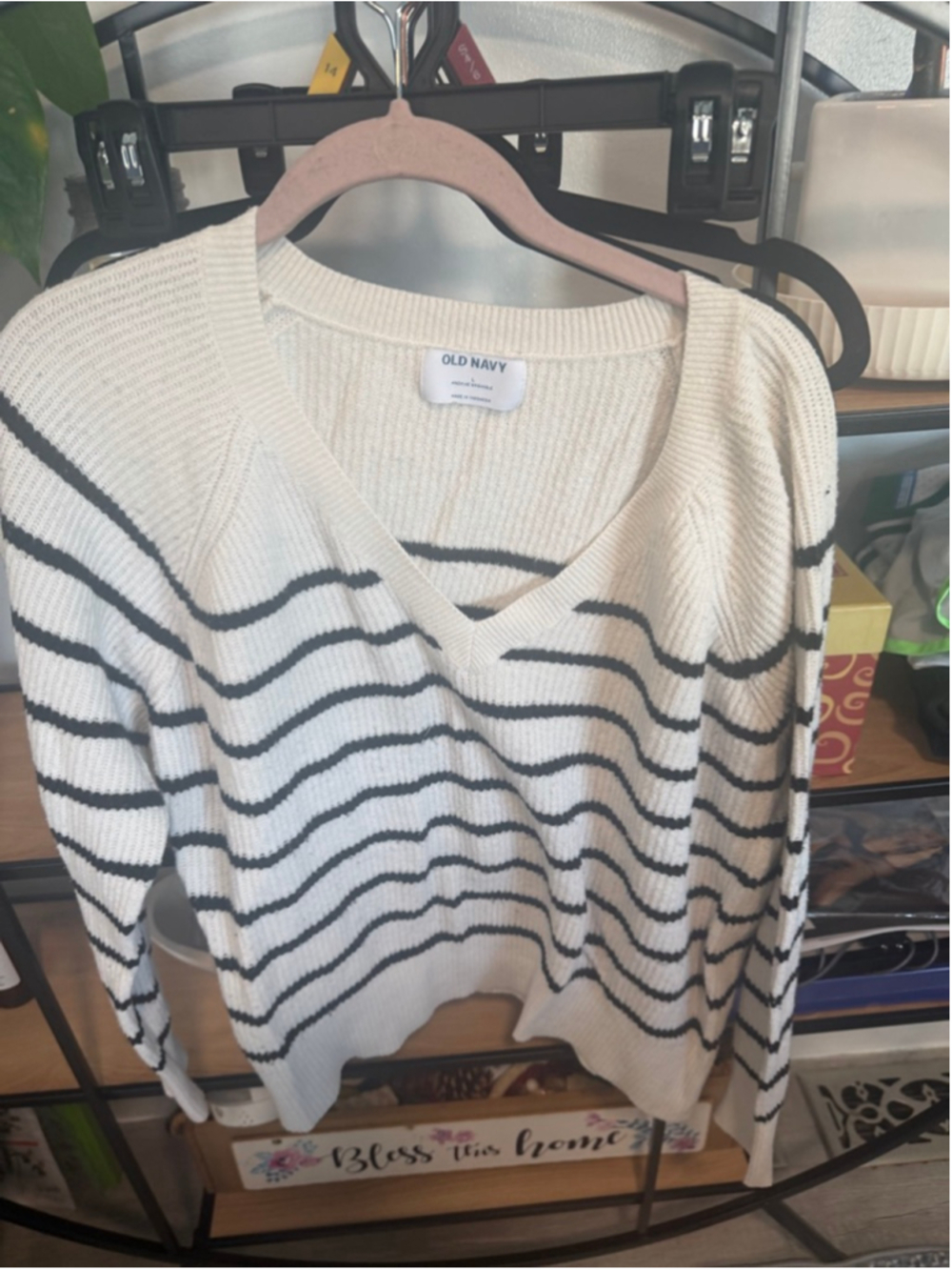 Women's Old Navy Striped V-Neck Sweater L White Black